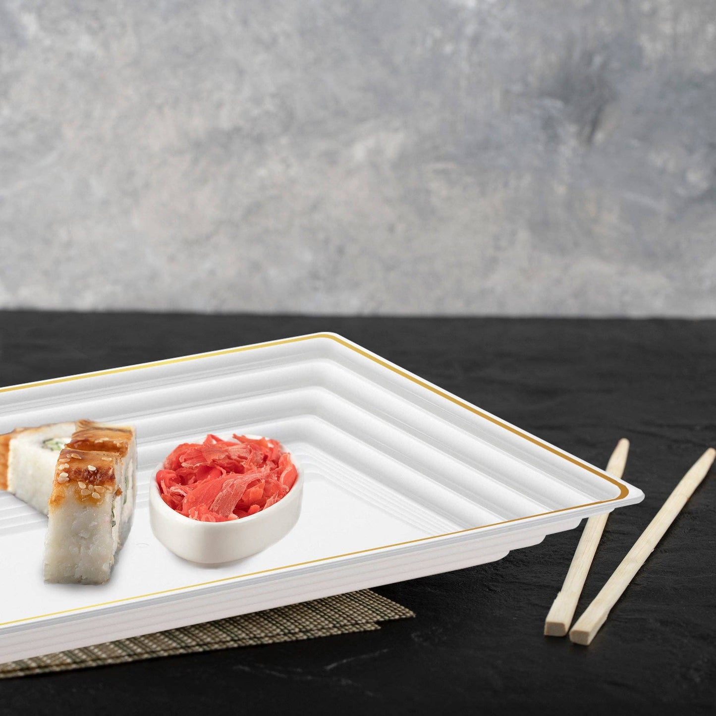 9" x 13" White/Gold Rim Plastic Serving Trays - 3 pcs