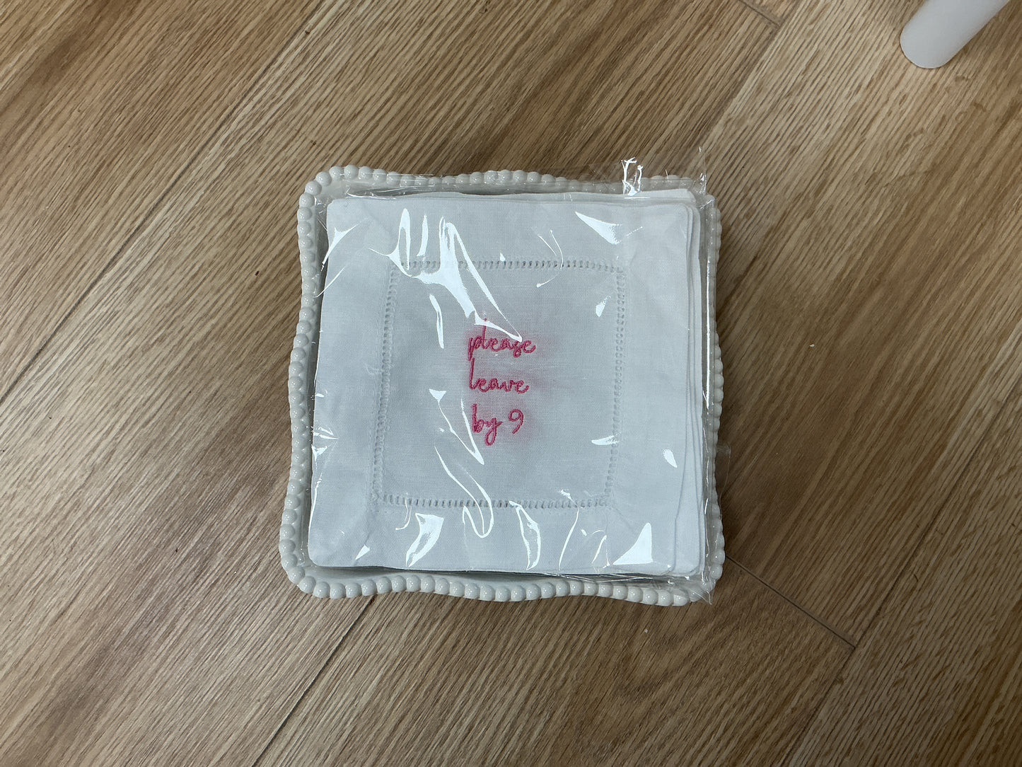 "Please Leave by 9" Embroidered Cocktail Napkins (Set of 4)