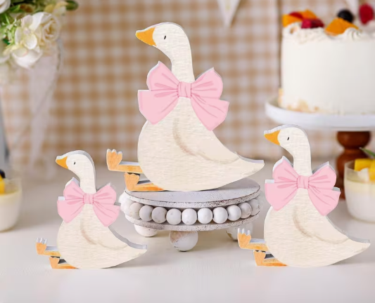One Silly Goose Pink Bow Cake Topper - Wooden
