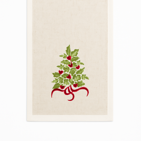 Natural and White Embroidered Holly Tree Table Runner