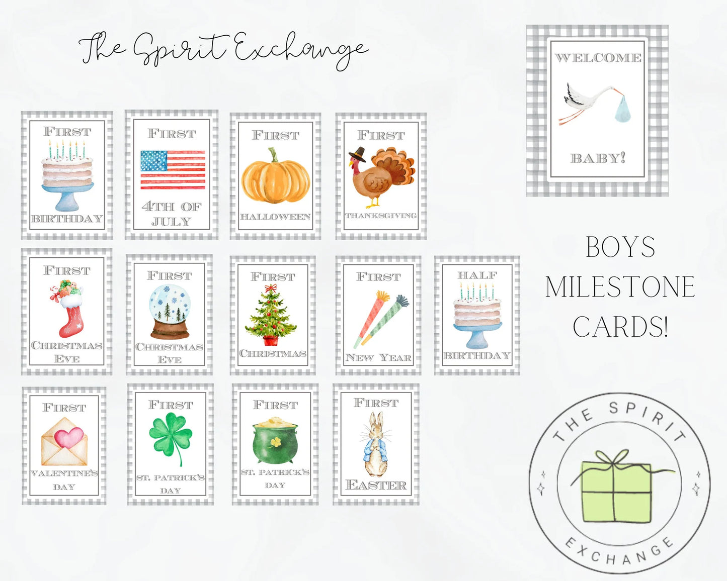 Digital Download Watercolor Gingham Baby Boy Milestone Cards | Baby's First Year Keepsake