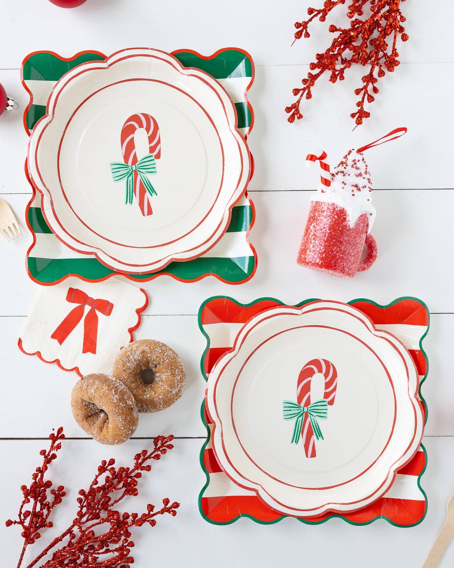 Red and Green Striped Paper Plate Set