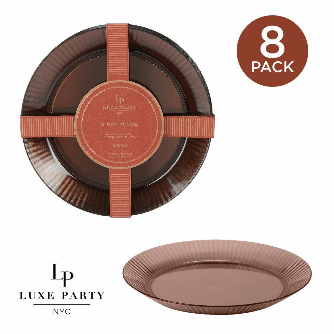 Round 9 in Ribbed Heavy Plastic Brown Plates | 8 Pack
