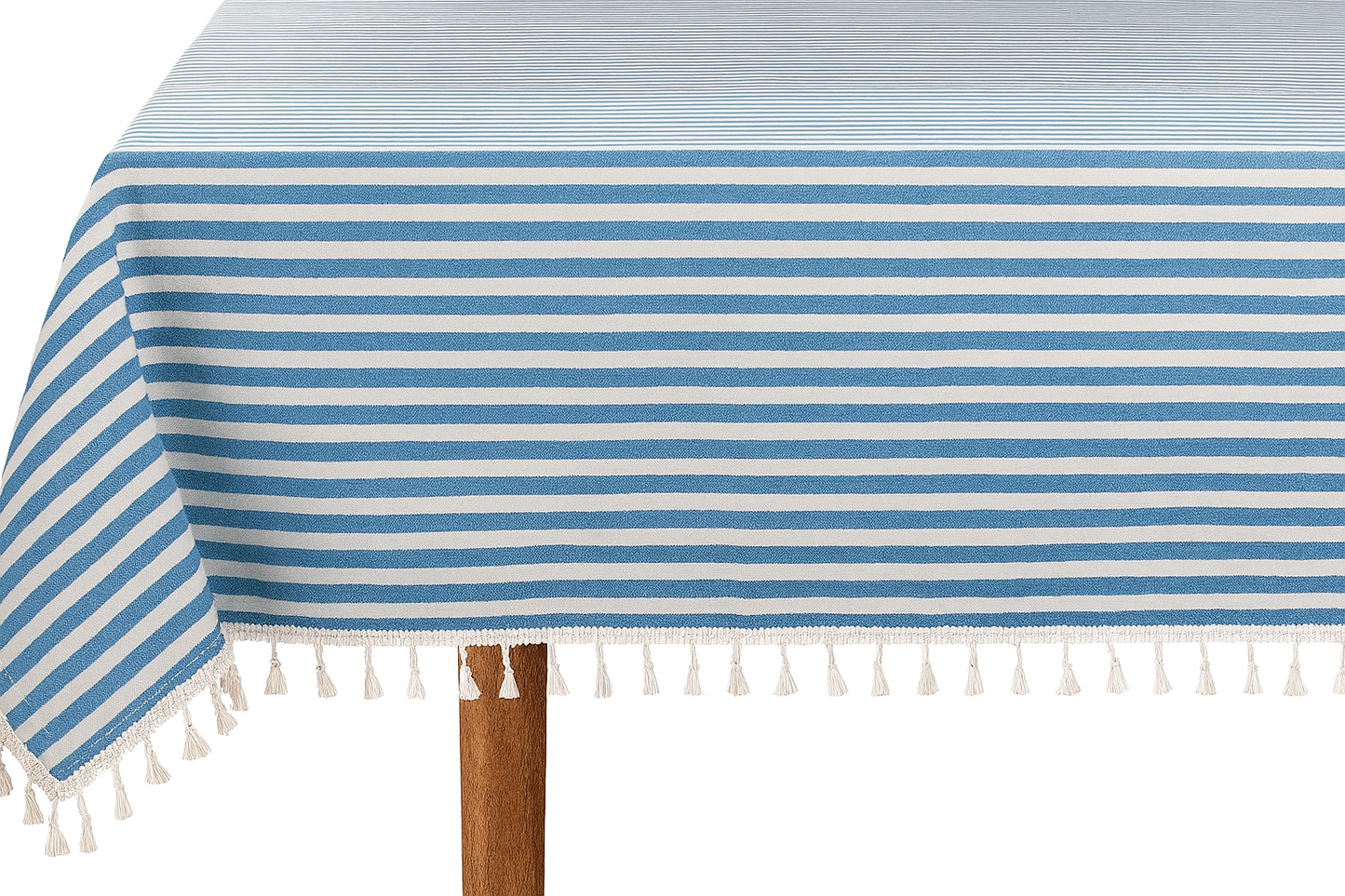 French Blue Simply Striped Tasseled Cotton Blend Tablecloth