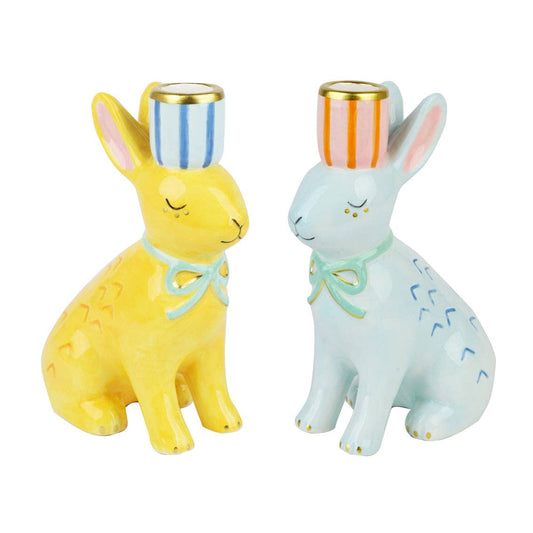 Hand-Painted Bunnies Ceramic Candle Holders | Easter Decor |