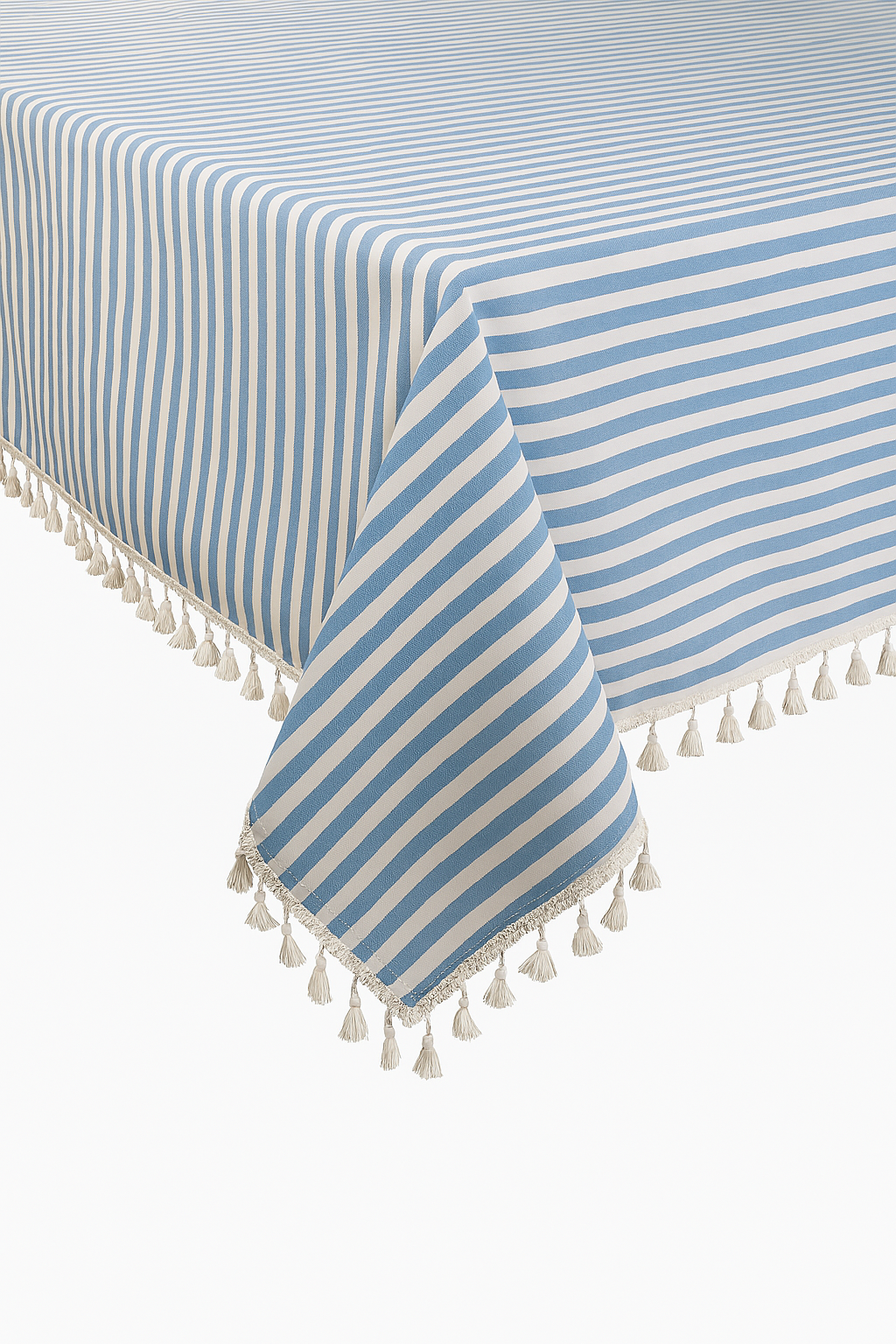 French Blue Simply Striped Tasseled Cotton Blend Tablecloth
