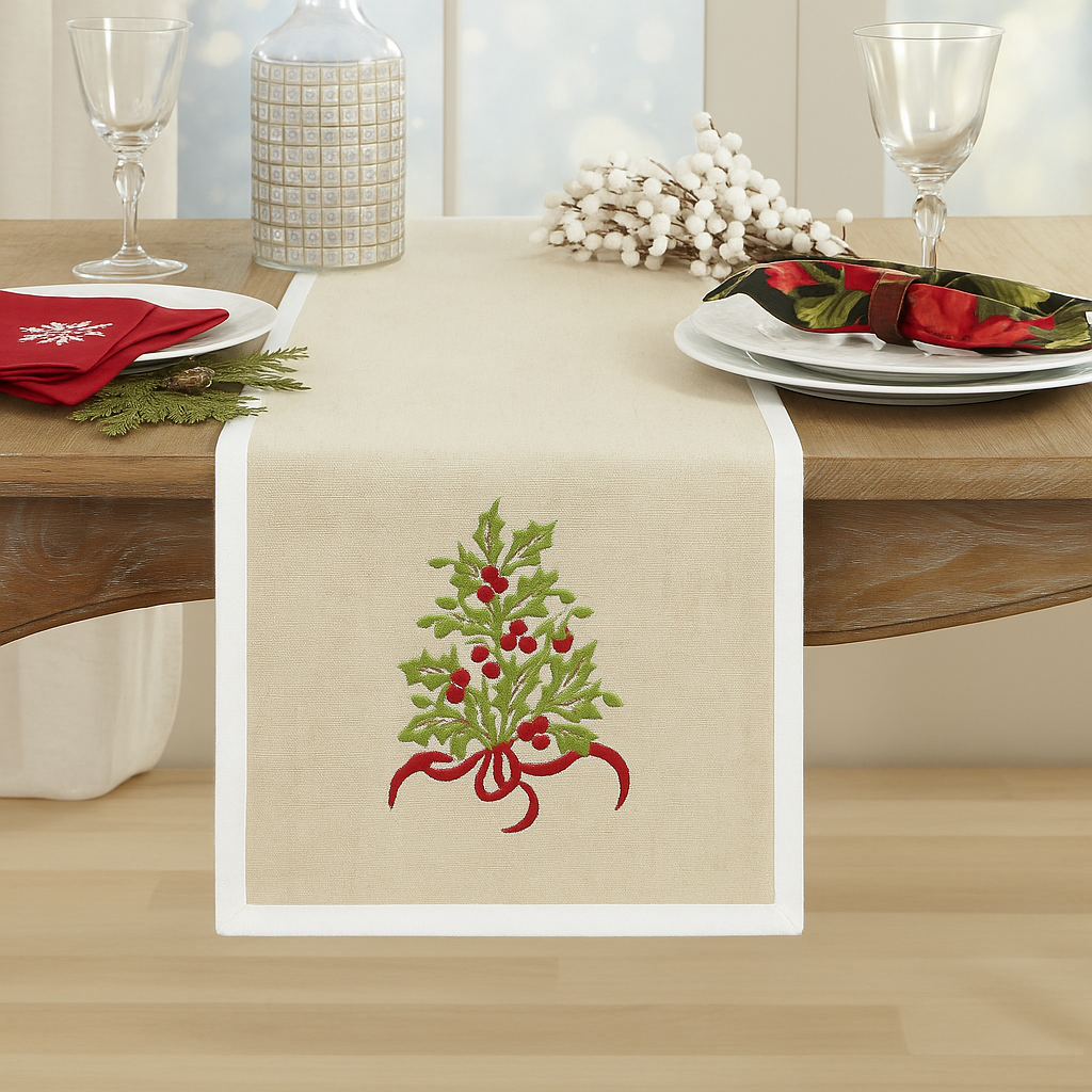 Natural and White Embroidered Holly Tree Table Runner
