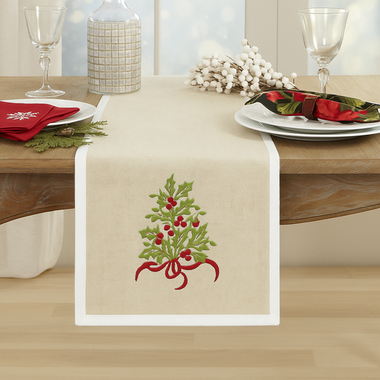 Natural and White Embroidered Holly Tree Table Runner