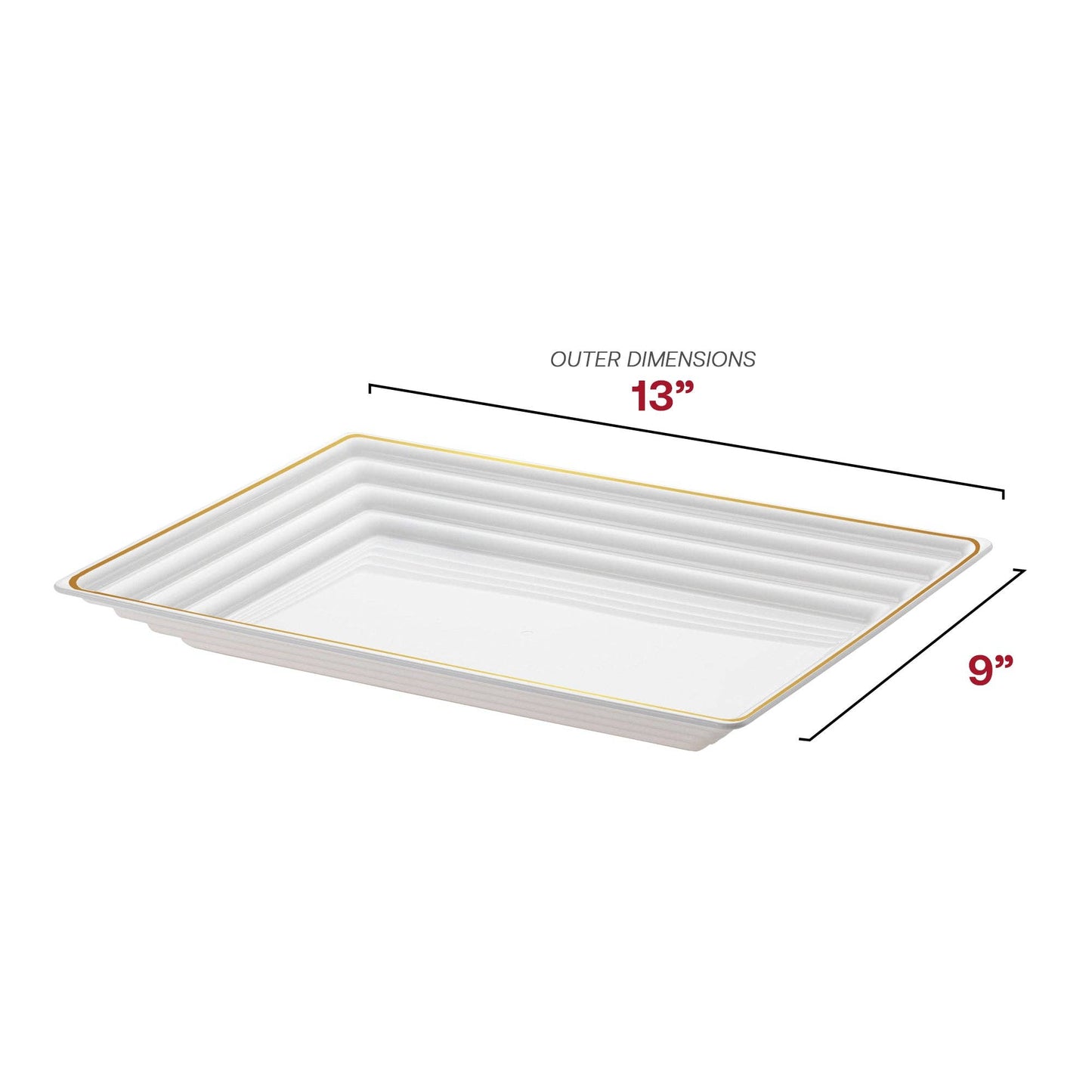 9" x 13" White/Gold Rim Plastic Serving Trays - 3 pcs
