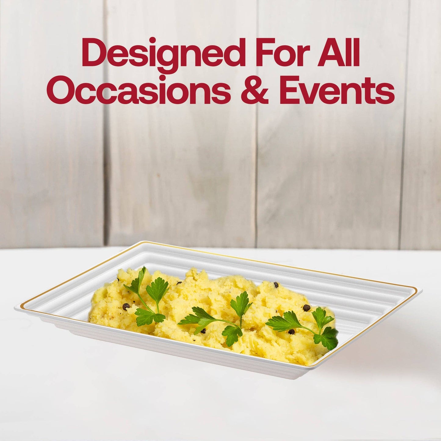 9" x 13" White/Gold Rim Plastic Serving Trays - 3 pcs