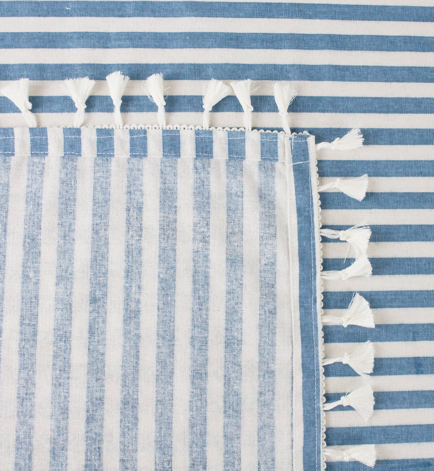 French Blue Simply Striped Tasseled Cotton Blend Tablecloth
