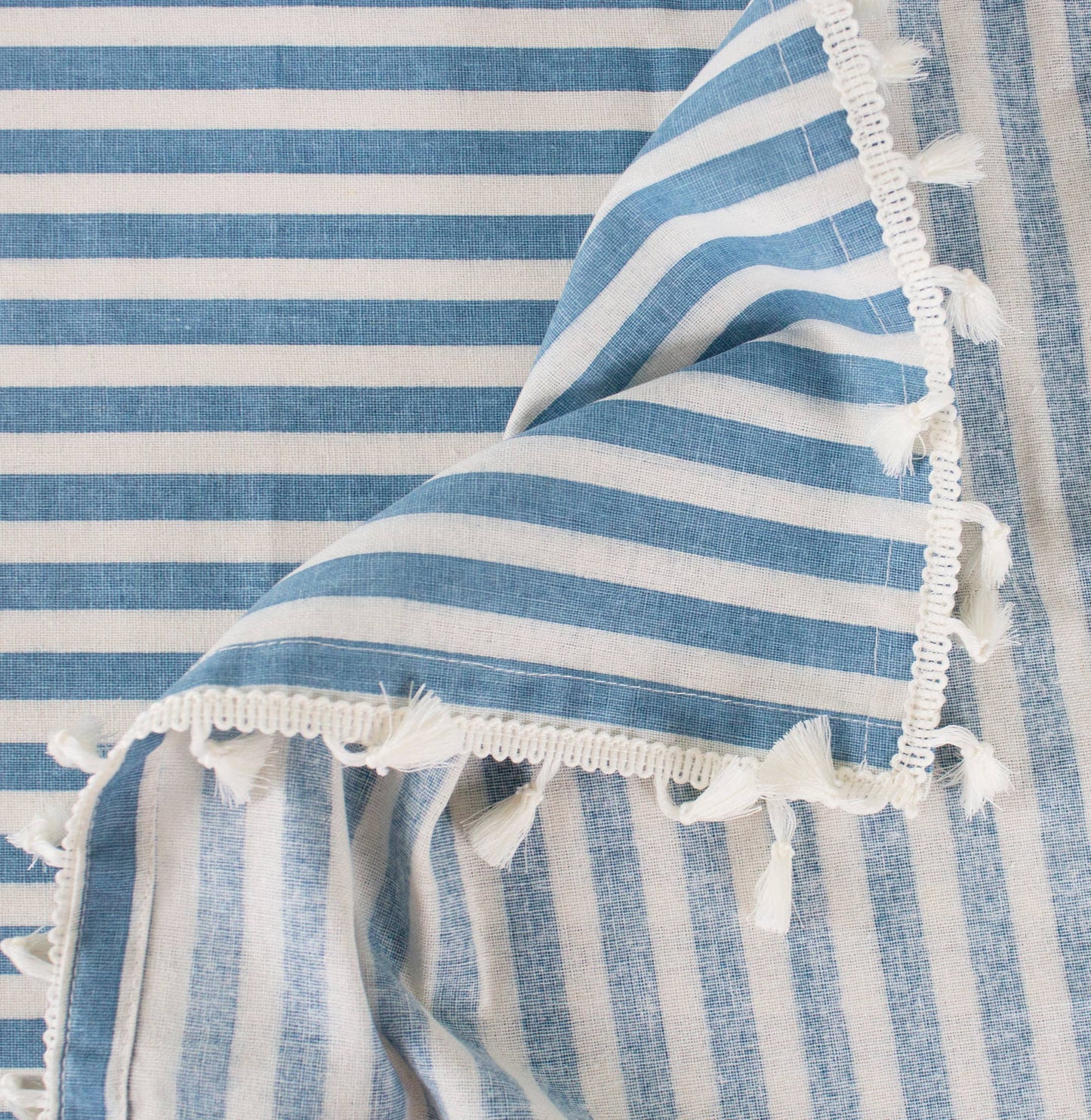 French Blue Simply Striped Tasseled Cotton Blend Tablecloth