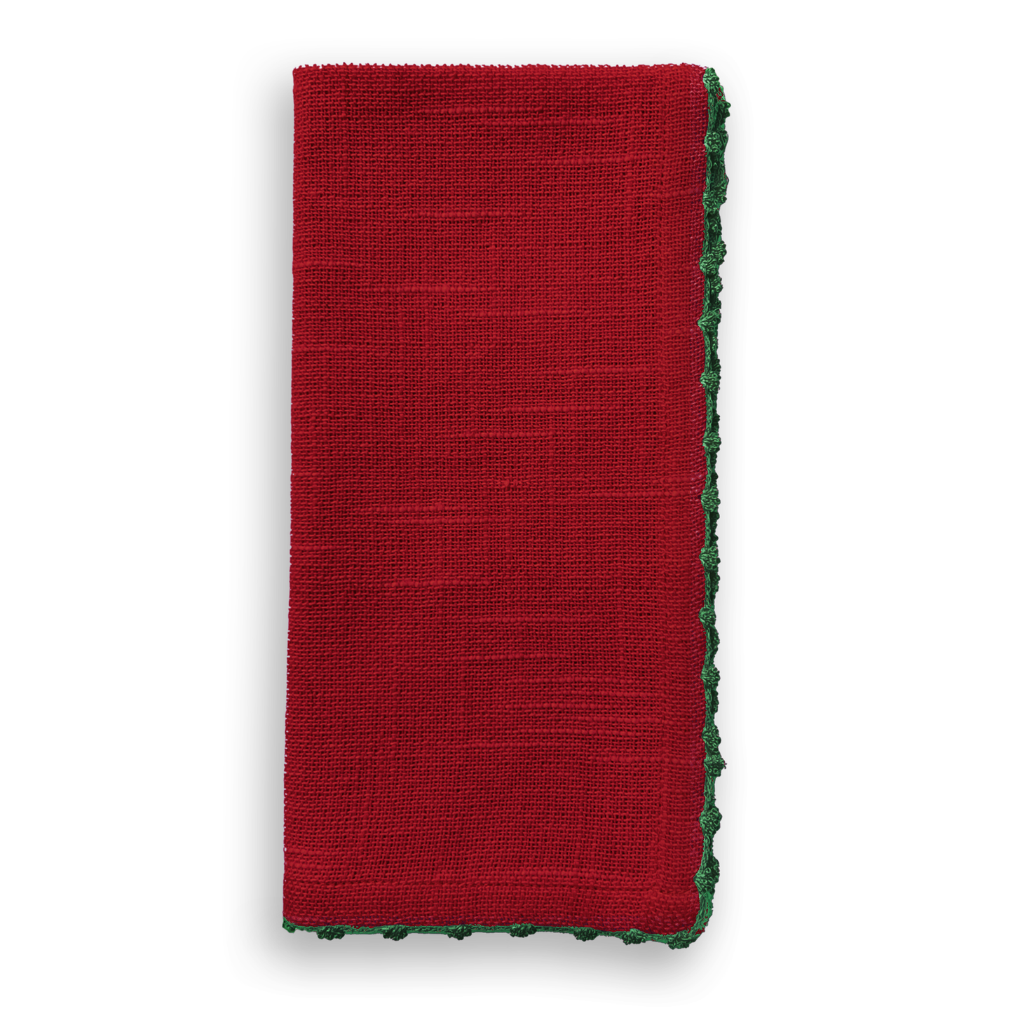 Knotted Edge Scarlet Red Cotton Napkin Green Trim