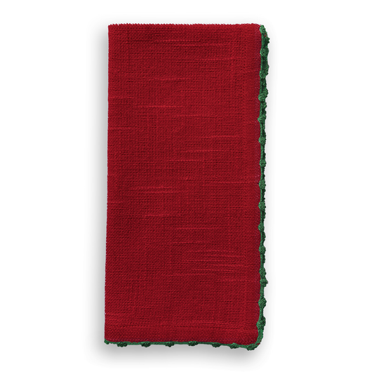 Knotted Edge Scarlet Red Cotton Napkin Green Trim