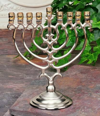 Nickel & Brass Ornate Menorah