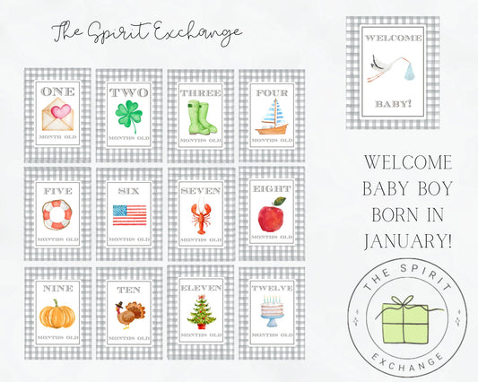 BOY Personalized First Year Monthly Seasonal Baby Milestone Cards | Customized to Baby's Birth Month