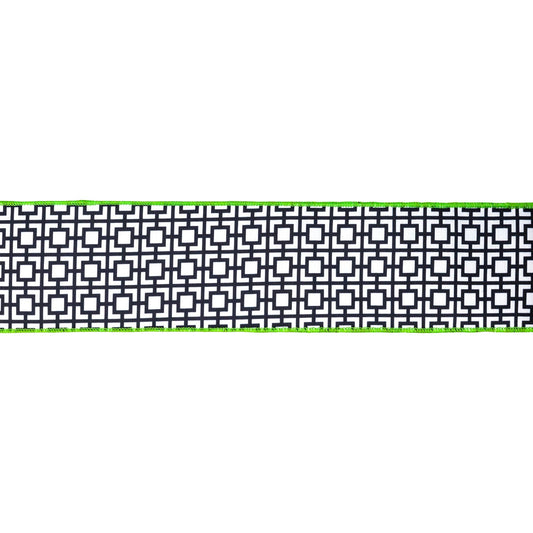 4" Wired Dupioni Ribbon | Black/White Breeze Block w/ Lime Green Backing | 10 Yard Roll