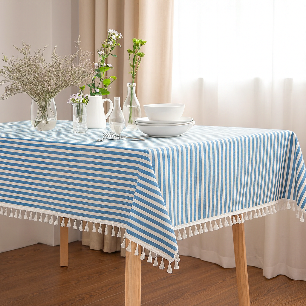 French Blue Simply Striped Tasseled Cotton Blend Tablecloth
