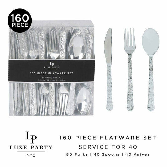 Silver Hammered Plastic Cutlery Combo Set | 160 Pieces