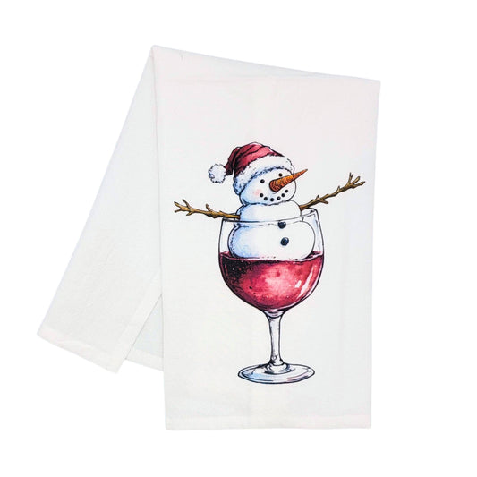 Snowman Melting In Wine Christmas Tea Towels