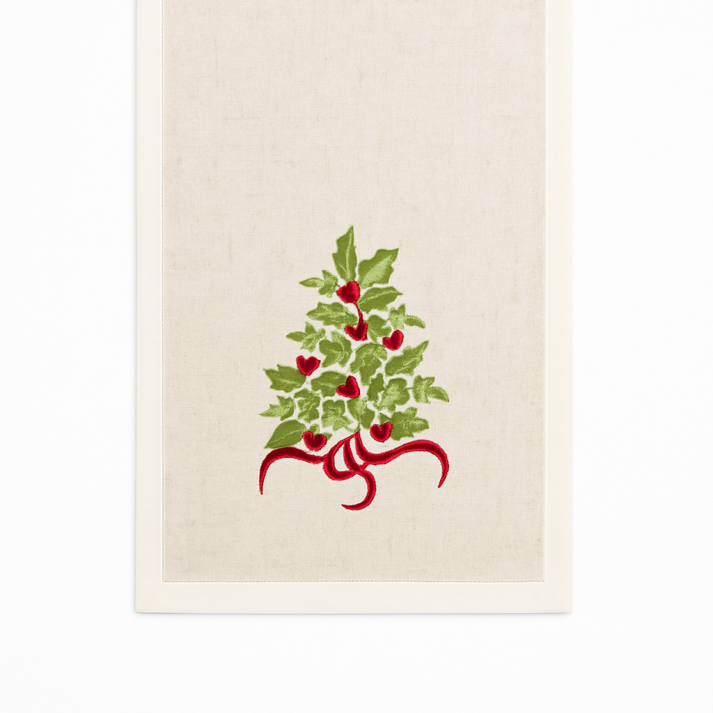 Natural and White Embroidered Holly Tree Table Runner