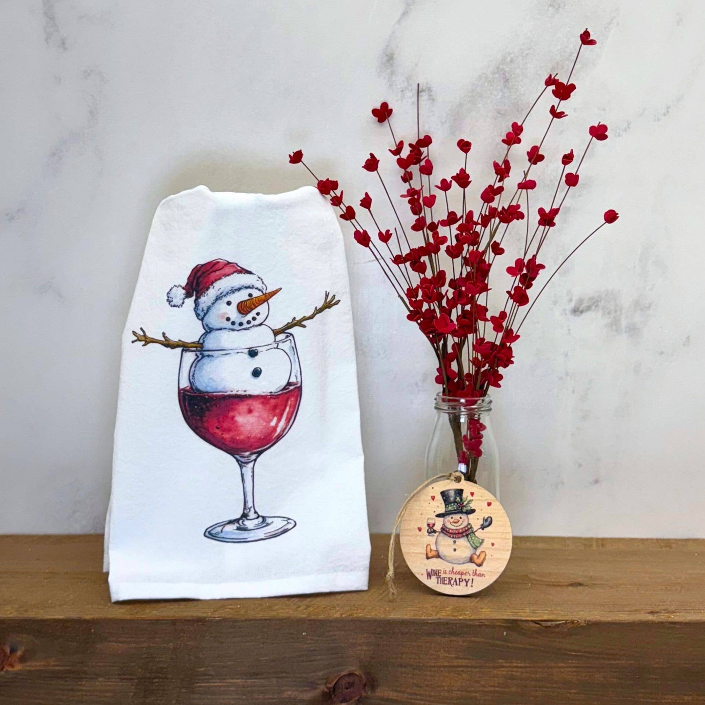 Snowman Melting In Wine Christmas Tea Towels
