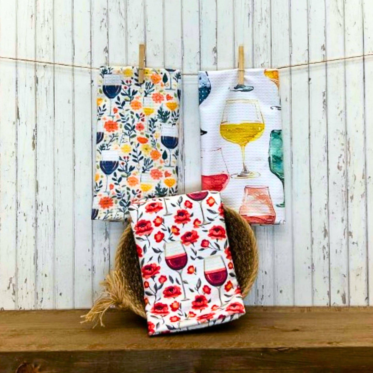 Watercolor Wine Glasses Kitchen Waffle Towels - Mothers Day