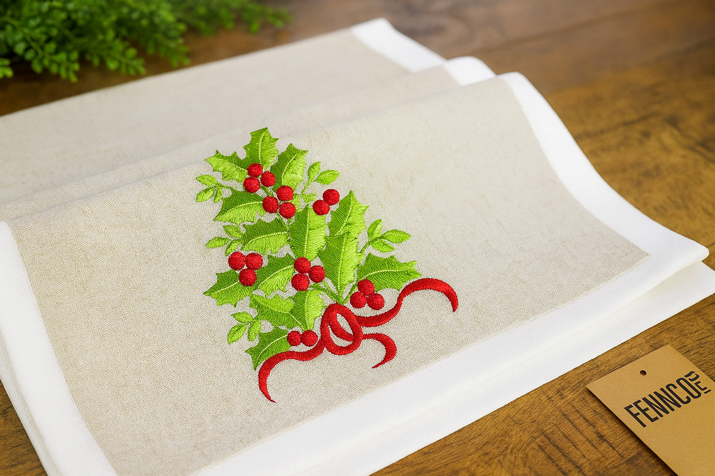 Natural and White Embroidered Holly Tree Table Runner
