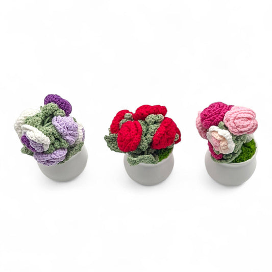 6-Bud Crochet Rose Flower with Pot – Assorted Colors