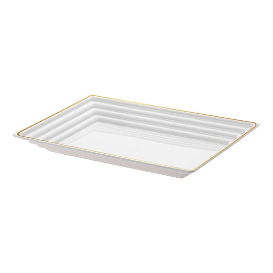 9" x 13" White/Gold Rim Plastic Serving Trays - 3 pcs
