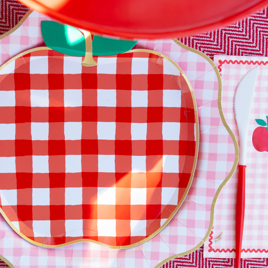 Cherry Red Gingham Apple Plates, Gold Foil (Set of 8)