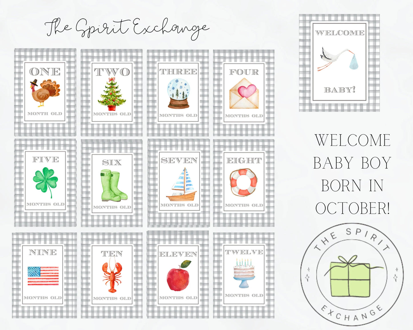 BOY Personalized First Year Monthly Seasonal Baby Milestone Cards | Customized to Baby's Birth Month