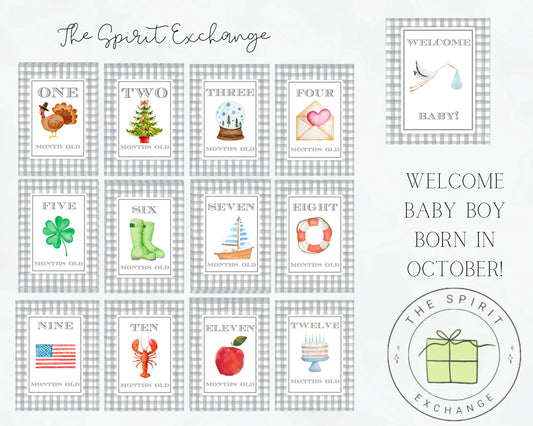 BOY Personalized First Year Monthly Seasonal Baby Milestone Cards | Customized to Baby's Birth Month